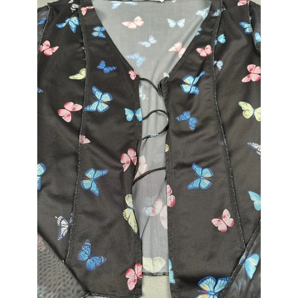 Elodie Butterfly Mesh Cardigan Women Large Black Tie Front Split Bell Sleeve Y2K